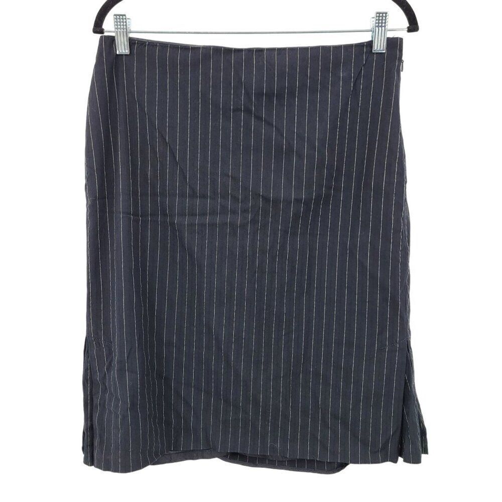 Vintage Faconnable‎ Women's Pinstripe Skirt 12 Black Cotton Tea Length Career
